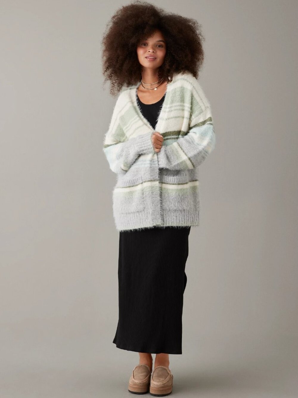 American Eagle AE Whoa So Cozy Fuzzy Cardigan Grey Multi Medium #A3176 - Picture 2 of 8